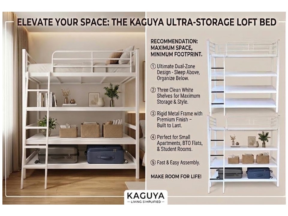 Custom Loft Bed with Storage Shelves | 2-in-1 Space Saving Bed SG KAGUYA <h5>Customised Loft Bed with Storage Shelves</h5> <ul> <li><b><span style="color: #c00000;">Promotion SALE : 22/09/26 -24/10/26</span></b></li> <li>Lead Time : ~ 15 - 20 days</li> <li>Free Shipping & Assembly</li> <li>Model : GLB-G</li> <li>Col. Black / White</li> <li>Size : L175 W80 H180cm, base to floor height : 150cm</li> <li>Optional : built-in shelf</li> <li>Heavy Duty Metal Frame with <b><span style="color: #c00000;">Powder Coating Surface</span></b></li> <li>Durable Super bed Base ( as picture)</li> <li>Side Guard x 1 no.</li> <li>Safe Metal Ladder ( Portable)</li> <li>Sustainable weight : 150kgs</li> <li>Suitable for both kids and adult</li> <li><span style="color: #c00000;">Order via Whatsapp : 9050 3508 is acceptable</span></li> </ul>