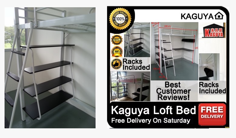 KAGUYA <ul> <li>3 in 1 Loft Bed ( Bed+ Study Table + Book Rack)</li> <li>Model : GLB-D-Std</li> <li>Free Shipping & Assembly</li> <li>Heavy Duty Metal Frame with <b><span style="color: #c00000;">Powder Coating Surface</span></b></li> <li>More Durable Super bed Base ( as picture)</li> <li>Col. White</li> <li>Size :  L199 W94 H176cm, base to floor height : 145cm</li> <li>Side Guard x 1 no.</li> <li>Safe Metal Ladder ( Portable)</li> <li>Suitable for both kids and adult</li> <li>Optional : Rebond Mattress</li> </ul>