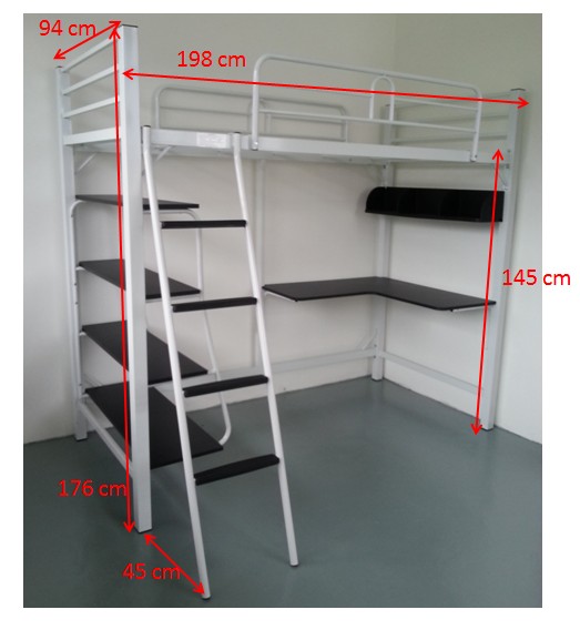KAGUYA <ul> <li>3 in 1 Loft Bed ( Bed+ Study Table + Book Rack)</li> <li>Model : GLB-D-Std</li> <li>Free Shipping & Assembly</li> <li>Heavy Duty Metal Frame with <b><span style="color: #c00000;">Powder Coating Surface</span></b></li> <li>More Durable Super bed Base ( as picture)</li> <li>Col. White</li> <li>Size :  L199 W94 H176cm, base to floor height : 145cm</li> <li>Side Guard x 1 no.</li> <li>Safe Metal Ladder ( Portable)</li> <li>Suitable for both kids and adult</li> <li>Optional : Rebond Mattress</li> </ul>