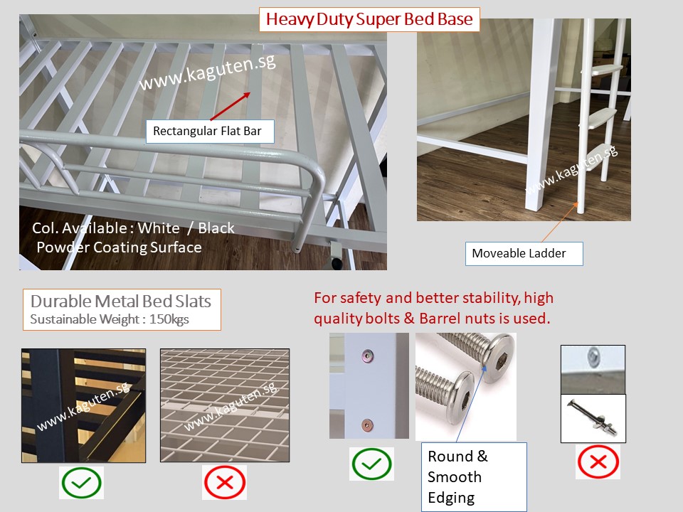 KAGUYA &nbsp; <ul> <li> <h5>Customised Loft Bed with Wardrobe</h5> </li> <li>Model : GLB-G</li> <li>Col. Black / White</li> <li>Size :  L175 W91 H185cm, base to floor height : 155cm</li> <li>Heavy Duty Metal Frame with <b><span style="color: #c00000;">Powder Coating Surface</span></b></li> <li>More Durable Super bed Base ( as picture)</li> <li>Side Guard x 1 no.</li> <li>Safe Metal Ladder ( Portable)</li> <li>Sustainable weight : 150kgs</li> <li>Suitable for both kids and adult</li> <li>Wardrobe : L91 W47 H154cm</li> <li><span style="color: #c00000;">Express Service (Lead Time within 14 days, Col : Black only) +S$80, Please Whatsapp : 9050 3508</span></li> </ul>