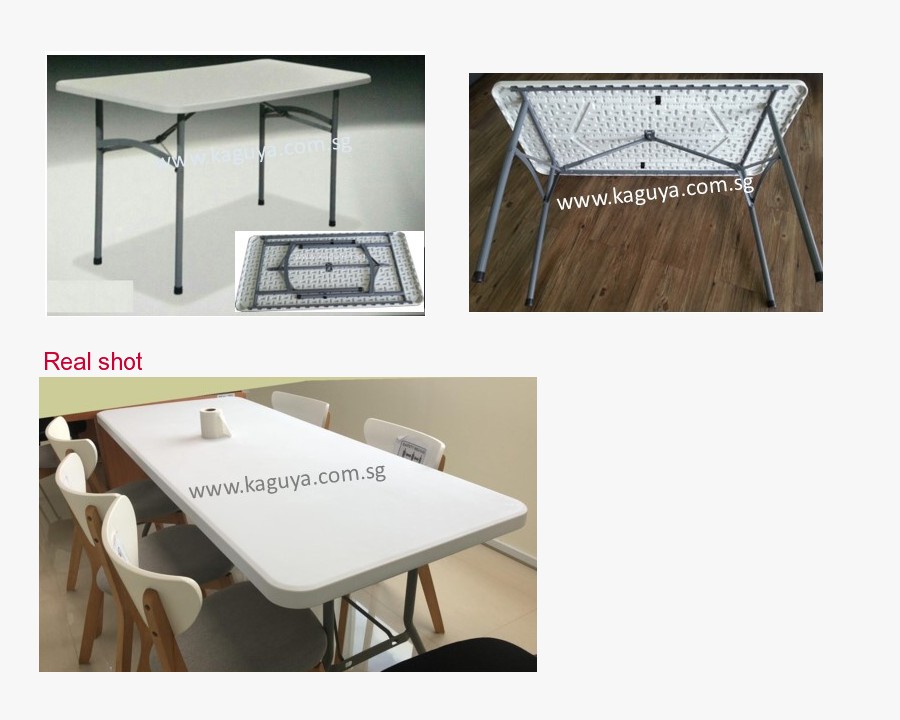 KAGUYA <ul> <li>Rectangular Heavy Duty Foldable Table</li> <li>Material : HDPE  Top with Metal Leg</li> <li>HDPE : High Density Polyethylene</li> <li>Foldable Leg with Non-Foldable Top</li> <li>Size : L4ft. (L122 D61cm) / L5ft. (L152 D76cm) / L6ft. (L184 D76cm)</li> <li>Suitable for road show use</li> </ul>