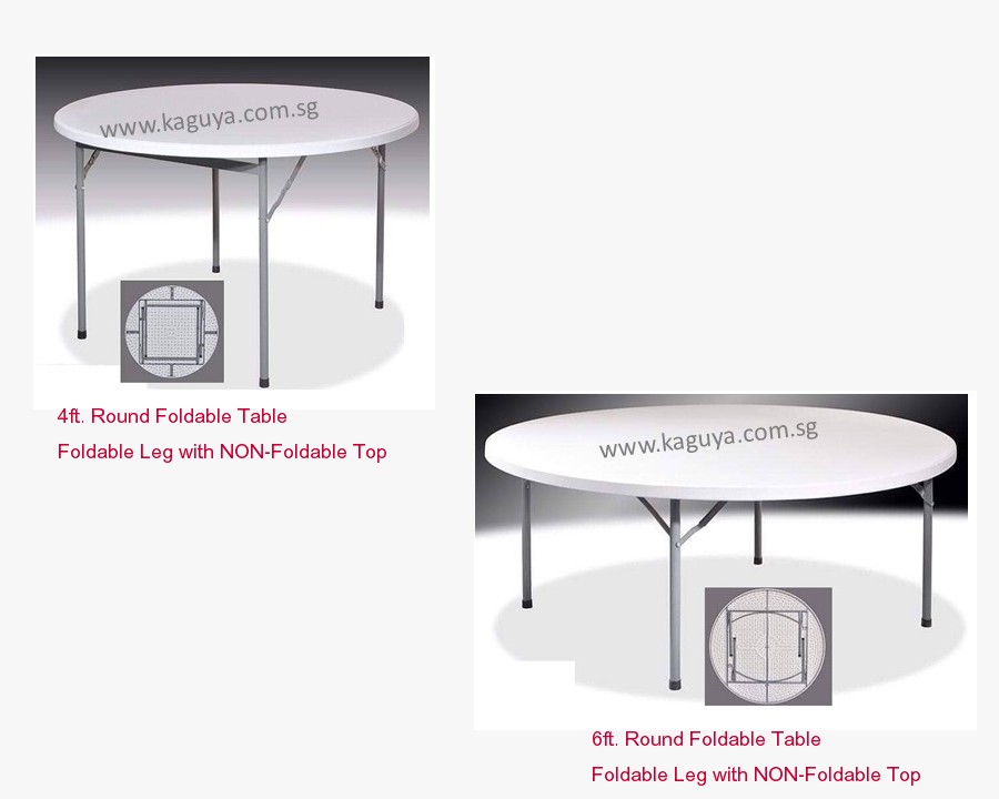 KAGUYA <ul> <li>Round Heavy Duty Foldable Table</li> <li>Foldable Leg with NON-Foldable Top</li> <li>Dia. 4ft (1120mm) / Dia.6ft. (1800mm)</li> <li>Original  Size : Dia1520 / Dia.1830  H740mm, Thickness : 45mm</li> <li>N.W : 15/kgs /25kgs /</li> <li>Material : HDPE  Top with Metal Leg</li> <li>HDPE : High Density Polyethylene</li> </ul> &nbsp;