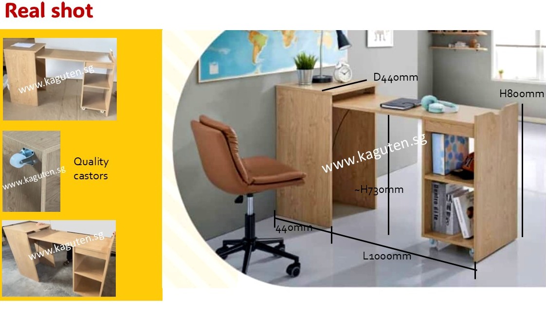 KAGUYA <h5></h5> &nbsp; <h5><span style="font-family: Calibri;">Space Saving Desk /Multifunctional Use Desk</span></h5> Material : Melamine Size : L440/1440 D440 H730mm Col : Natural Oak / Newport Gray/ White ELM •  To have an instant writing desk by simply pulling out the activity table top • Storage space for better organised •  Flexibility that saves space